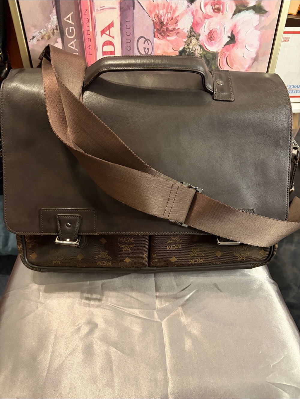 MCM Brown Leather Messenger Bag with Monogram Front Pockets